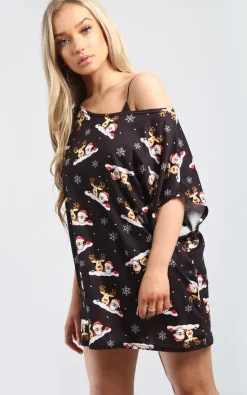 Flash Sale 🤩 Oops Fashion Eliza ❄ Christmas Batwing Top In Santa Reindeer Black ⌛