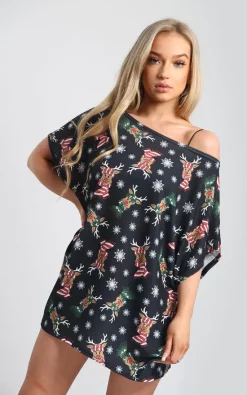 Promo ✨ Oops Fashion Eliza 🎁 Christmas Batwing Top In Raindeer Scarf Black ⭐