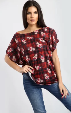 Brand new ✔️ Oops Fashion Eliza 🎅 Christmas Batwing Top In Tartan Reindeer In Red 🎉