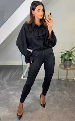 Cheapest 👏 HOXTON GAL Ruffle Detailed Front With Ruffle Sleeves 👚 Shirt In Black 😀