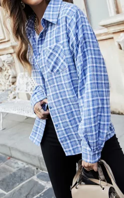 Hot Sale 🔔 FS Collection Oversized White Brushed Check Pocket Detail 👚 Shirt In Blue ⭐