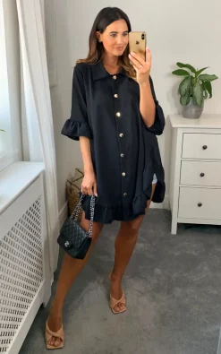 Outlet 🧨 HOXTON GAL Oversized Frill Detailed 3/4 Sleeves Tunic 👚 Shirt In Black 😍