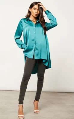 Buy 💯 Edie B. Lori Teal Satin Blouse With Hi Lo Hem 🌟