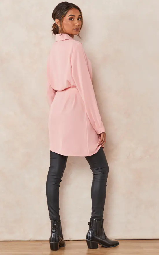 Cheap βοΈ HOXTON GAL Oversized Tie Detailed π Shirt Tunic With Long Sleeves In Pink π - Image 4