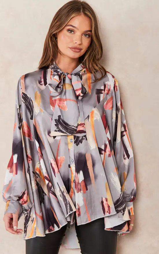 Coupon ๐ Jenerique Oversize Bowl Neck Blouse In Grey Print ๐