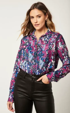 New 💯 Jenerique Long Sleeve Printed 👚 Shirt In Fuchsia/Blue Animal Print 🧨