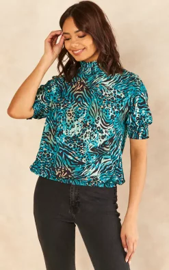 Deals 💯 Jenerique High Neck T 👕 Shirt In Multicolour Green Print 🔔