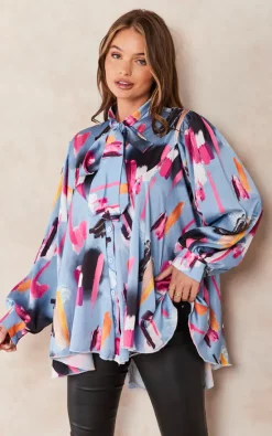 Best Sale 😍 Jenerique Oversize Bowl Neck Blouse In Blue/Pink Print 💯