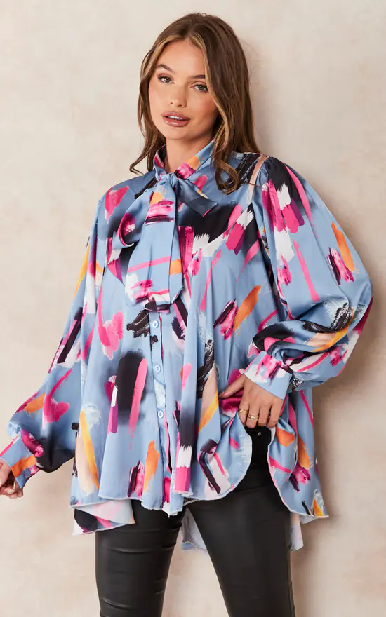 Best Sale ๐ Jenerique Oversize Bowl Neck Blouse In Blue/Pink Print ๐ฏ