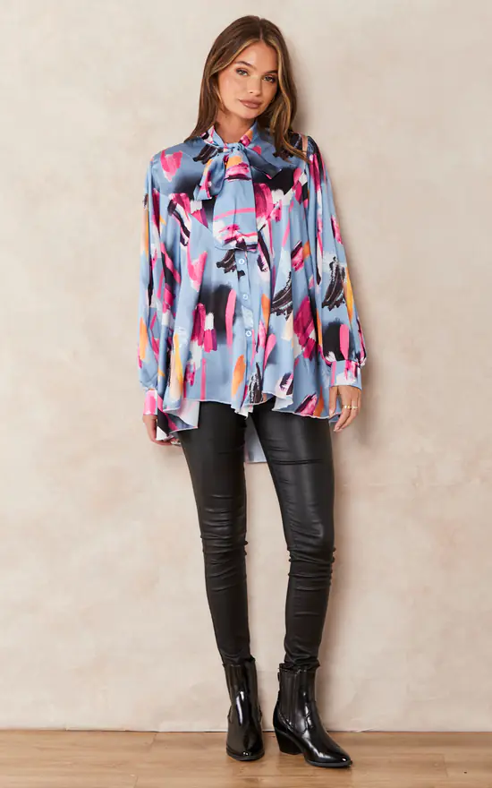 Best Sale ๐ Jenerique Oversize Bowl Neck Blouse In Blue/Pink Print ๐ฏ - Image 2
