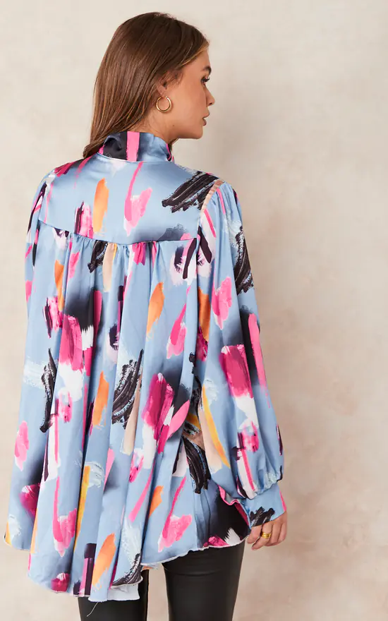 Best Sale ๐ Jenerique Oversize Bowl Neck Blouse In Blue/Pink Print ๐ฏ - Image 4