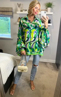 Best Pirce 😀 CY Boutique Oversized Long Sleeve 👕 Shirt In Green Blue Paisley Scarf Print ✔️