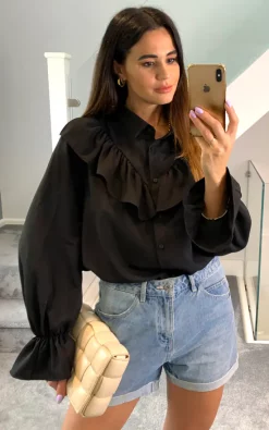 Deals 🌟 HOXTON GAL Oversized Frilled Front 👚 Shirt With Detailed Cuffs In Black 🥰