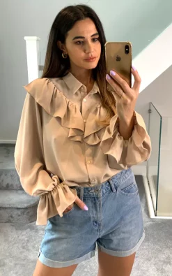 Buy 👏 HOXTON GAL Oversized Frilled Front 👕 Shirt With Detailed Cuffs In Beige ❤️