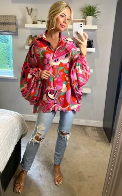 Wholesale 😀 CY Boutique Oversized Long Sleeve 👚 Shirt In Pink Green Paisley Scarf Print 😉