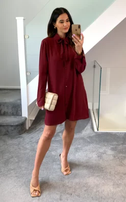 Best reviews of 🤩 HOXTON GAL Oversized Tie Detailed Tunic 👚 Shirt With Long Sleeves In Burgundy 🔔