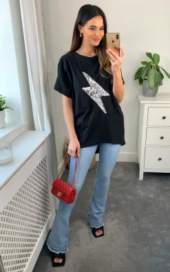 New ⭐ HOXTON GAL Oversized Sequin Relaxed T 👕 Shirt In Black 🔔