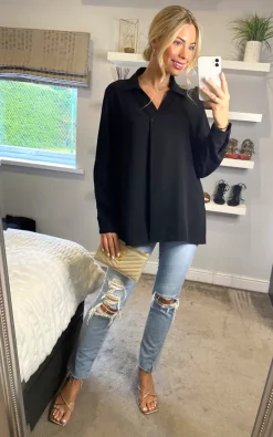 Best Pirce 😀 HOXTON GAL Relaxed Fit Button Detailed Top In Black ✔️