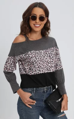 Wholesale ❤️ FS Collection Leopard Print Cold Shoulder Grey Colour Block Relaxed Top In Black 😉