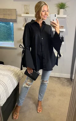 Wholesale 🔔 CY Boutique Bell Sleeve 👕 Shirt With Ties In Black ❤️