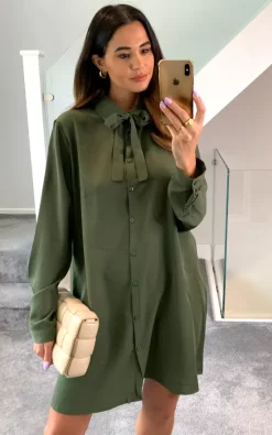Deals 💯 HOXTON GAL Oversized Tie Detailed Tunic 👚 Shirt With Long Sleeves In Khaki 😍