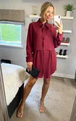Best deal 💯 HOXTON GAL Oversized Fit Tie Detailed 👚 Shirt Tunic In Burgundy ✔️
