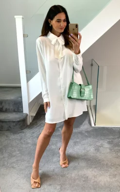 Promo ⌛ HOXTON GAL Oversized Tie Detailed Tunic 👕 Shirt With Long Sleeves In White 🛒